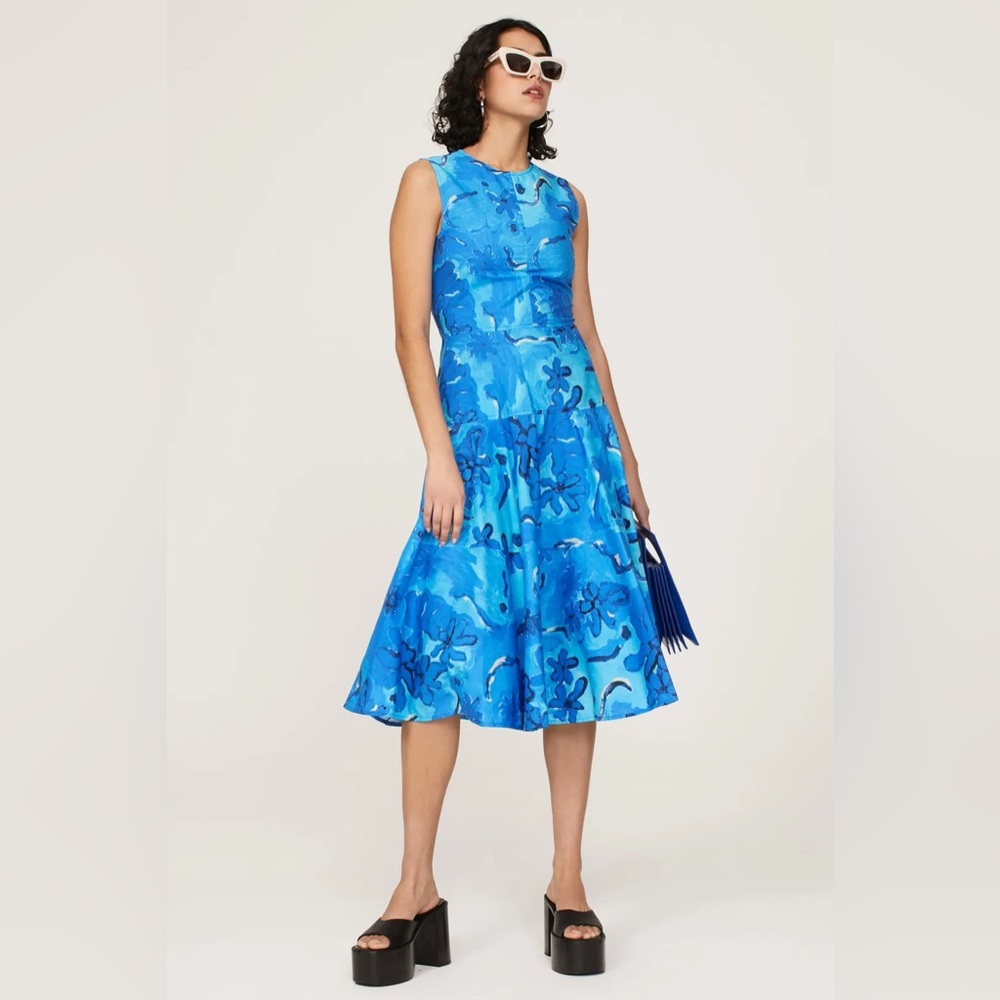 Marni Blue Abstract Floral 100% Cotton Fit & Flare Midi Dress $1100 Retail